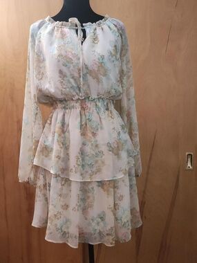 Floral Tiered Chiffon Dress - Pastel Multicolor